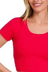 Zenana Ribbed Scoop Neck Crop Short Sleeve Top OutfitFlow