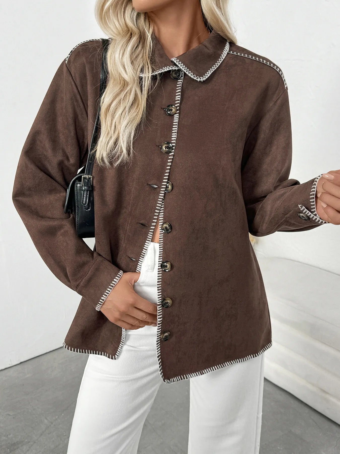 Button Up Contrast Trim Jacket OutfitFlow