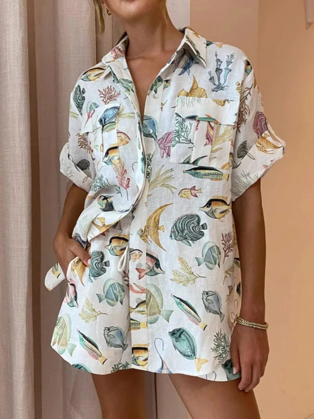 Printed Button Up Shirt and Shorts Set Beige OutfitFlow