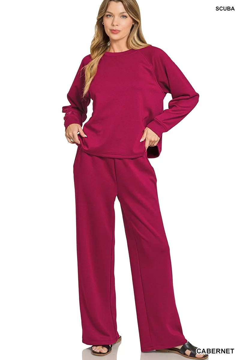 Zenana Scuba Crewneck Sweatshirt and Pants Set CABERNET Trendsi