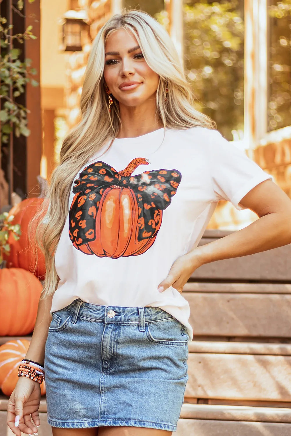 Pumpkin Round Neck Short Sleeve T-Shirt OutfitFlow