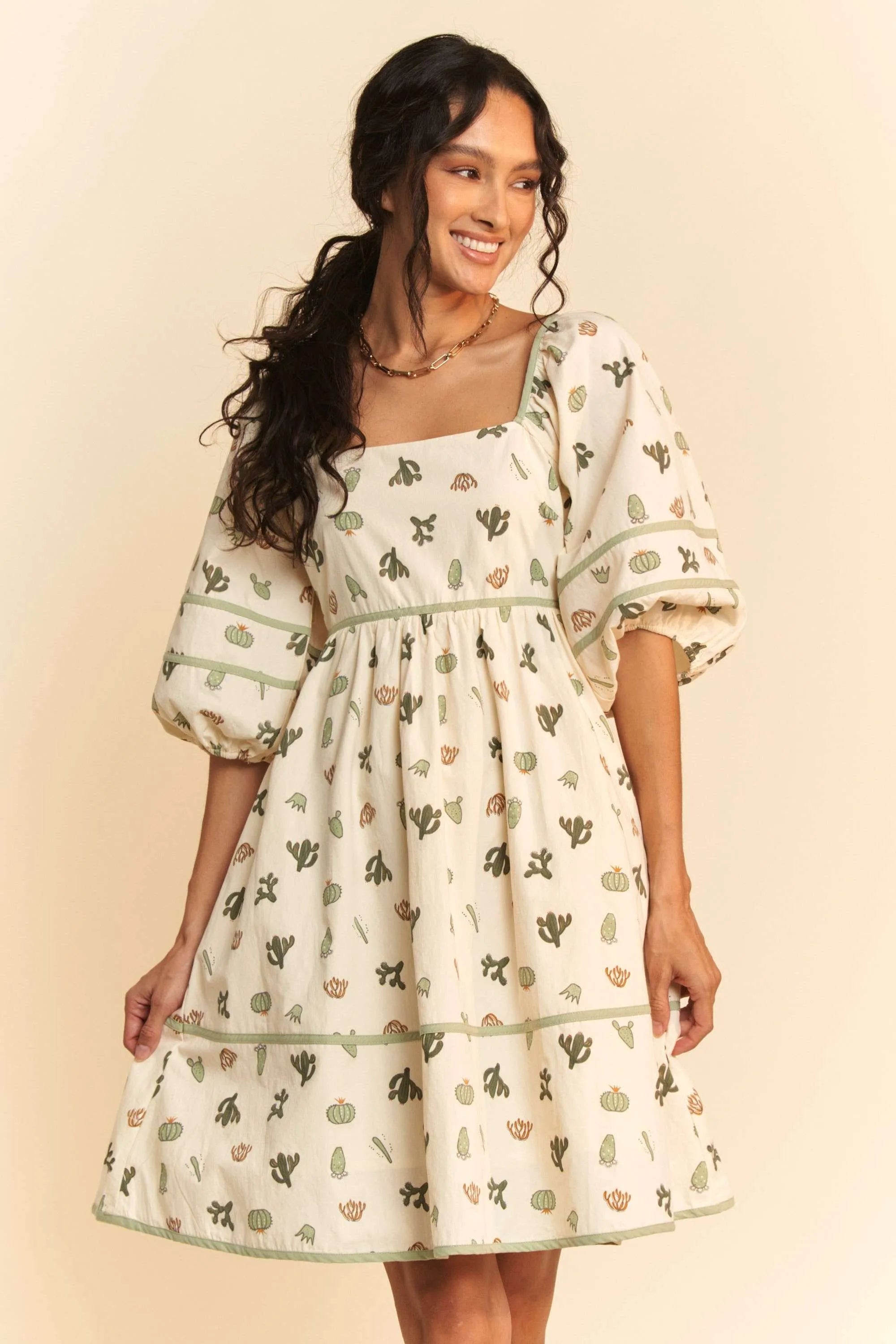 Davi & Dani Cactus Printed Poplin Contrast Piping Mini Dress OutfitFlow