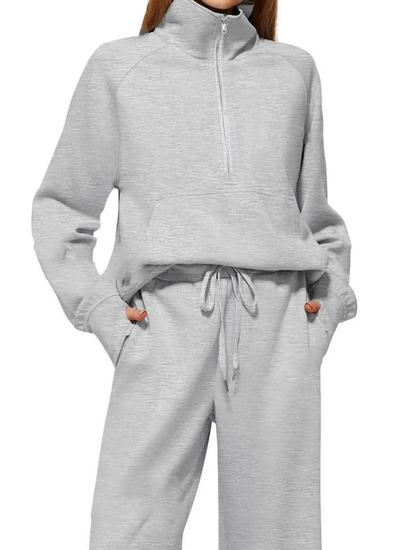 Half Zip Long Sleeve Top and Pants Set OutfitFlow