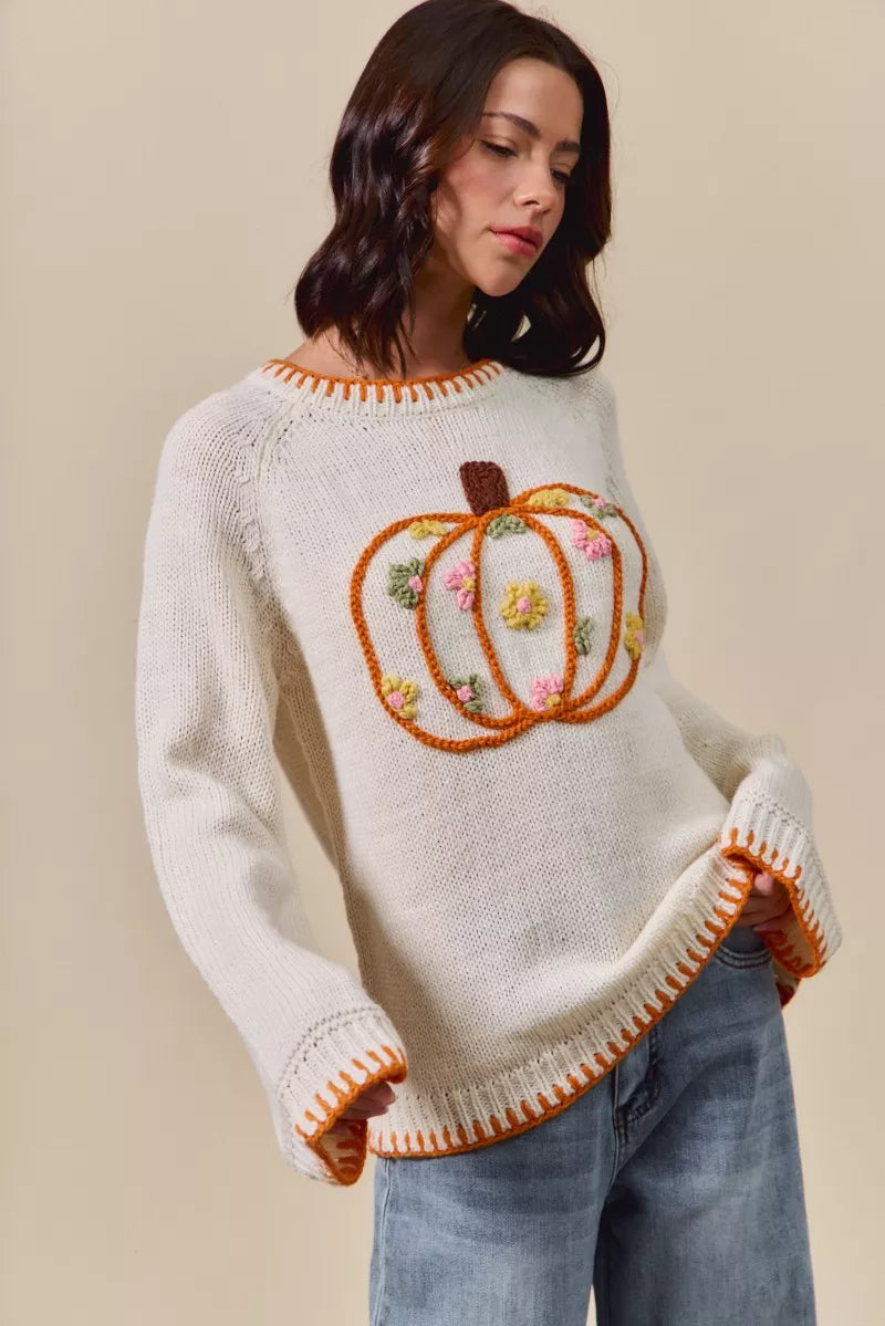 SO ME Pumpkin Floral Embroidered Thanksgiving Sweater OutfitFlow