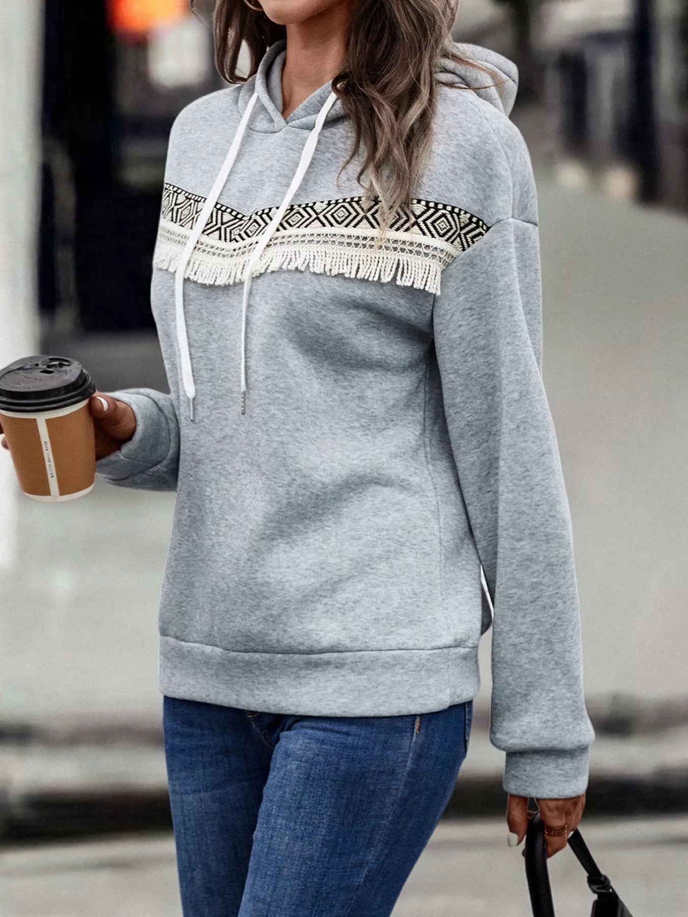 Fringe Detail Long Sleeve Drawstring Hoodie OutfitFlow