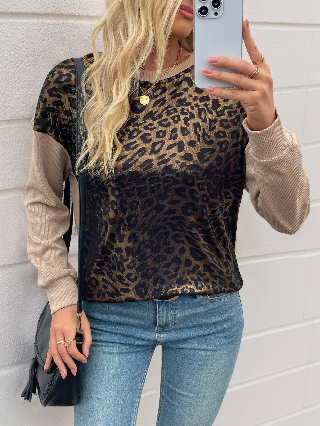 Leopard Round Neck Long Sleeve Sweatshirt Khaki OutfitFlow