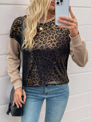 Leopard Round Neck Long Sleeve Sweatshirt Khaki OutfitFlow
