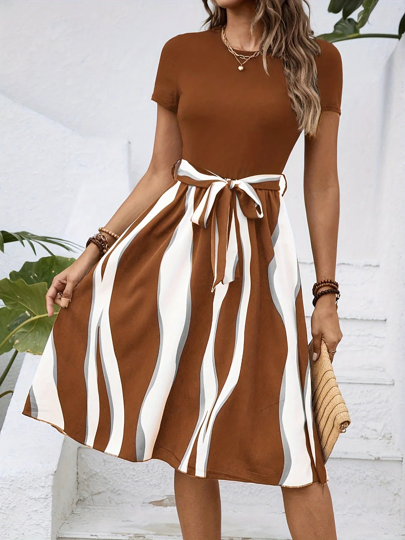 Striped Short Sleeve Tie Waist Dress OutfitFlow