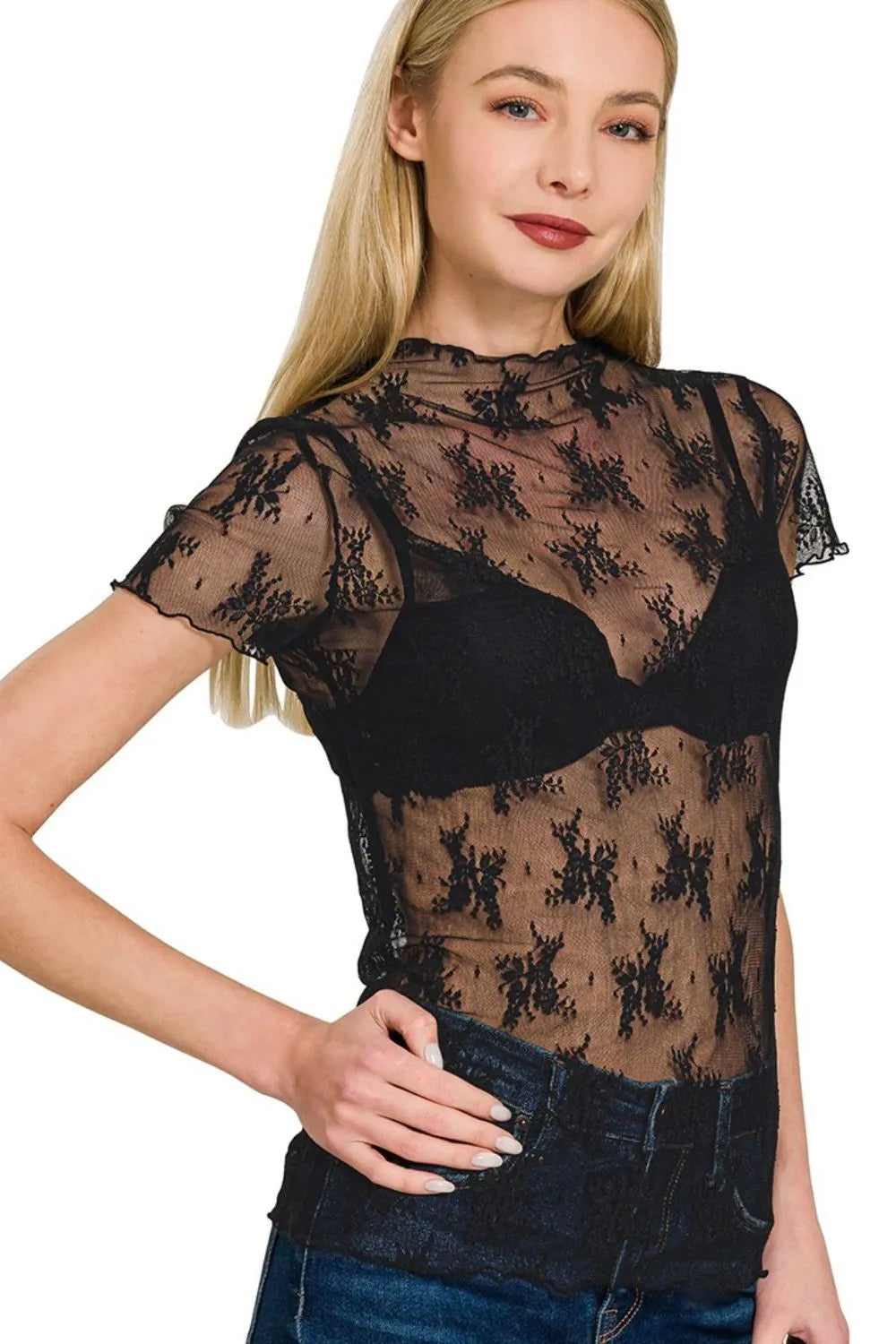 Zenana Lace See-through Layering Short Sleeve Top OutfitFlow