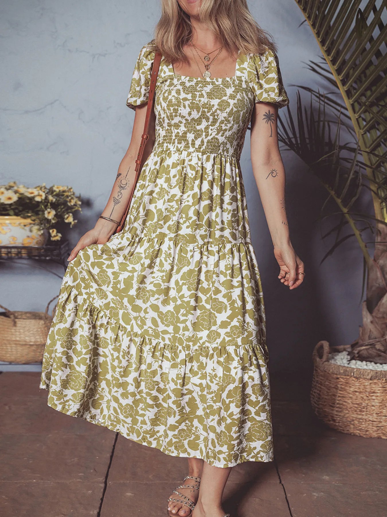 Boho Floral Square Neck Smocked Bust Puff Sleeve Tiered Dress OutfitFlow