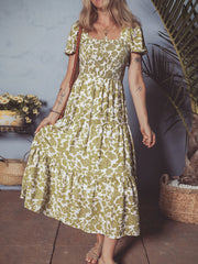 Boho Floral Square Neck Smocked Bust Puff Sleeve Tiered Dress OutfitFlow