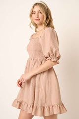Mittoshop Smocked Ruffled Hem Half Sleeve Mini Dress OutfitFlow
