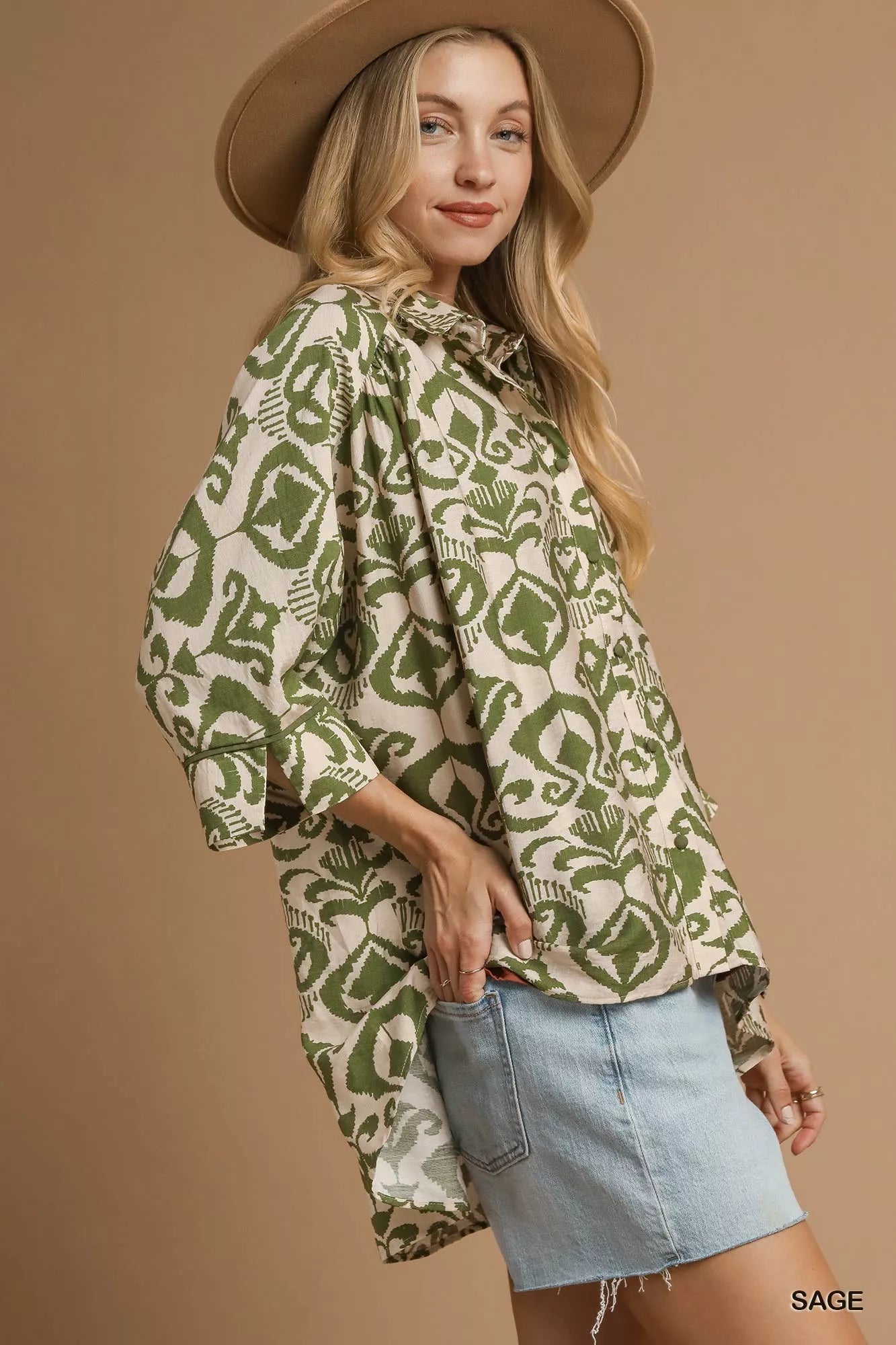 Umgee Abstract Print Button-Up Oversized Shirt OutfitFlow