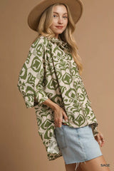 Umgee Abstract Print Button-Up Oversized Shirt OutfitFlow