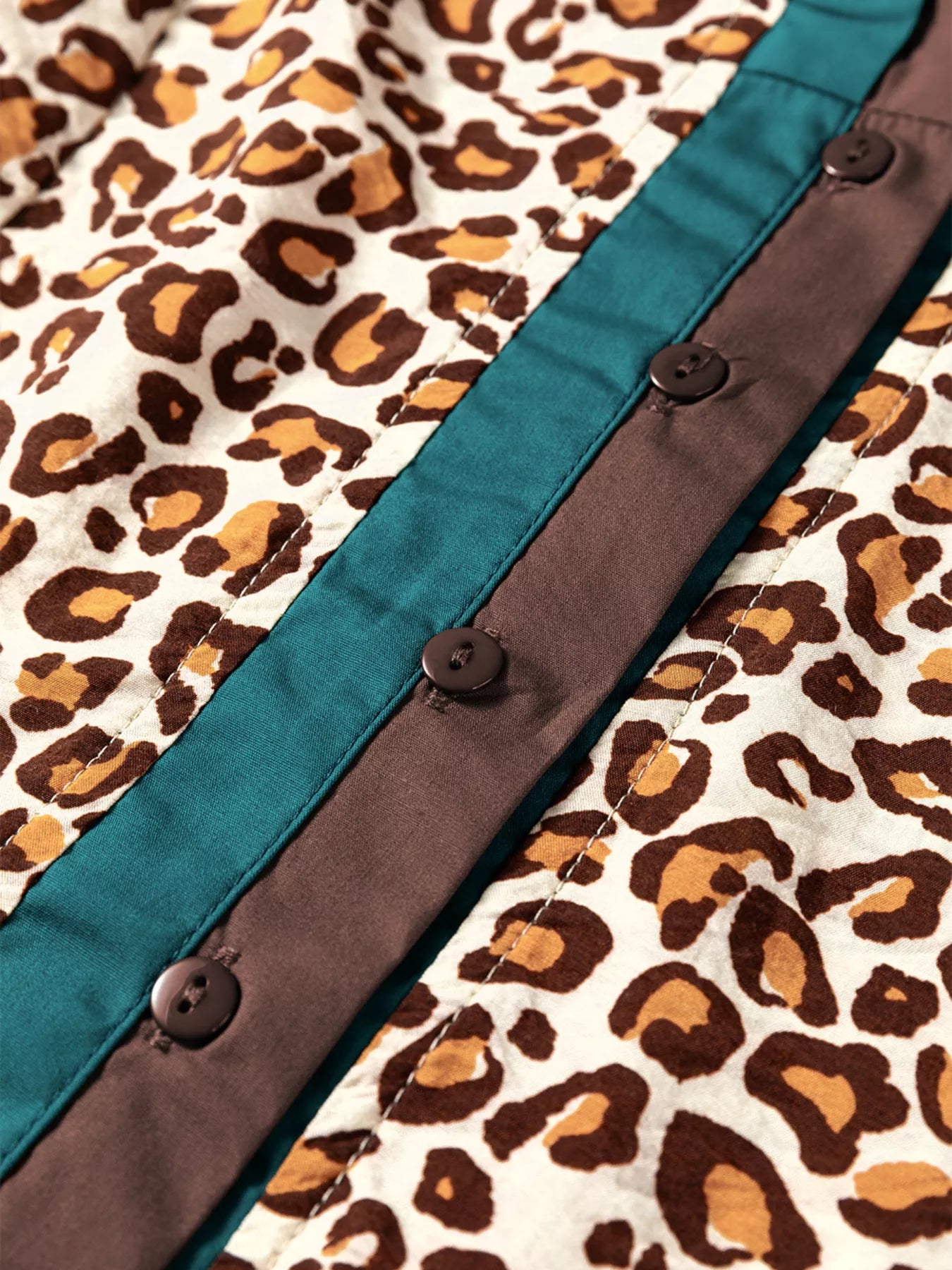 Leopard Print Contrast Frilled Trim Button Down V Neck Shirt OutfitFlow