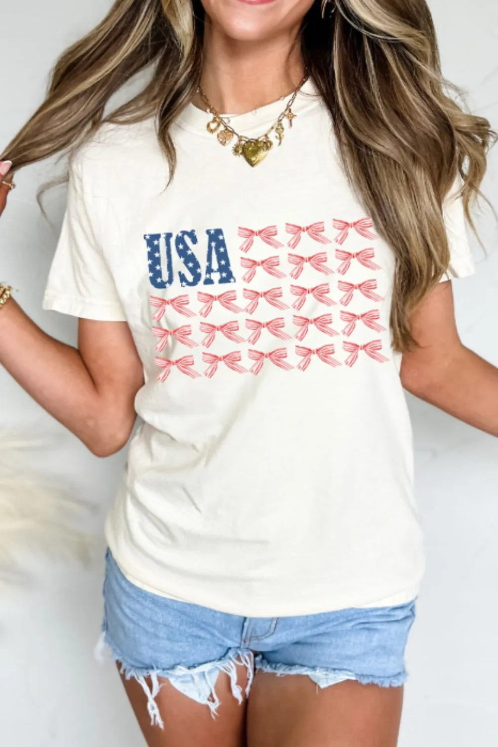 USA Flag Bow Knot Print Round Neck T Shirt OutfitFlow