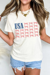 USA Flag Bow Knot Print Round Neck T Shirt OutfitFlow