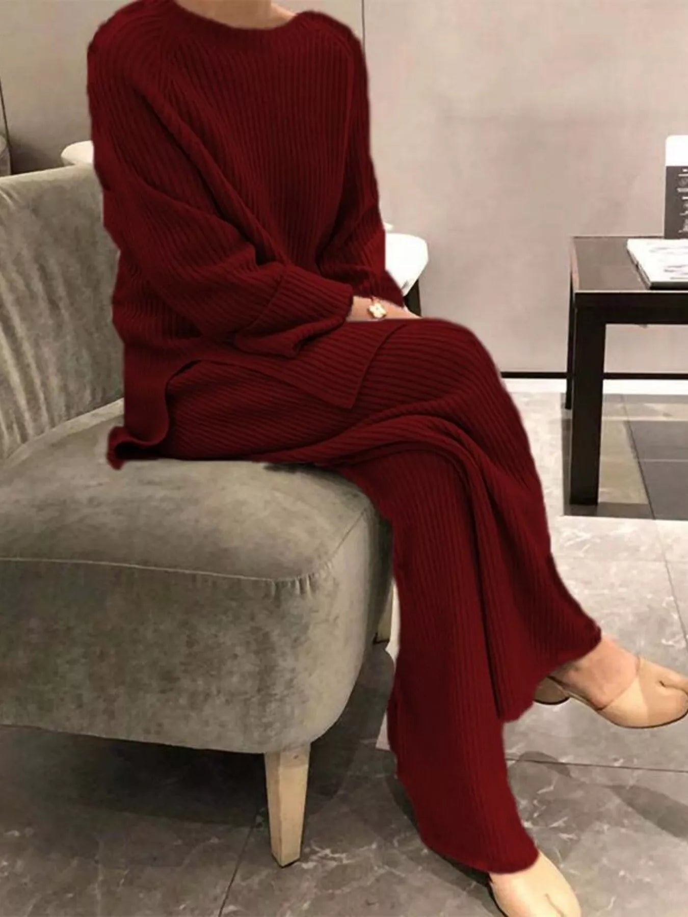 Full Size Ribbed Knit Relaxed Fit Top and Pants Sweater Set Plus Size Burgundy OutfitFlow
