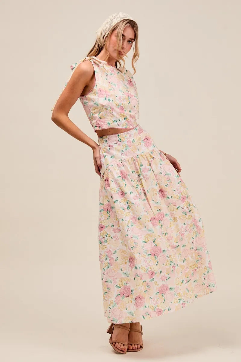 SO ME Floral Printed Woven Shoulder Bow Tie Top and Skirt Set OutfitFlow