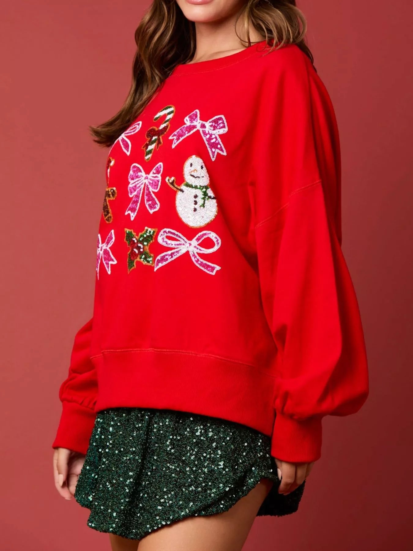 Christmas Sequin Bow Round Neck Sweatshirt OutfitFlow