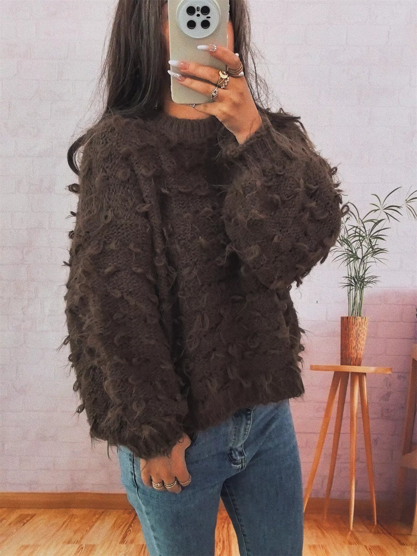 Chunky Round Neck Long Sleeve Sweater OutfitFlow