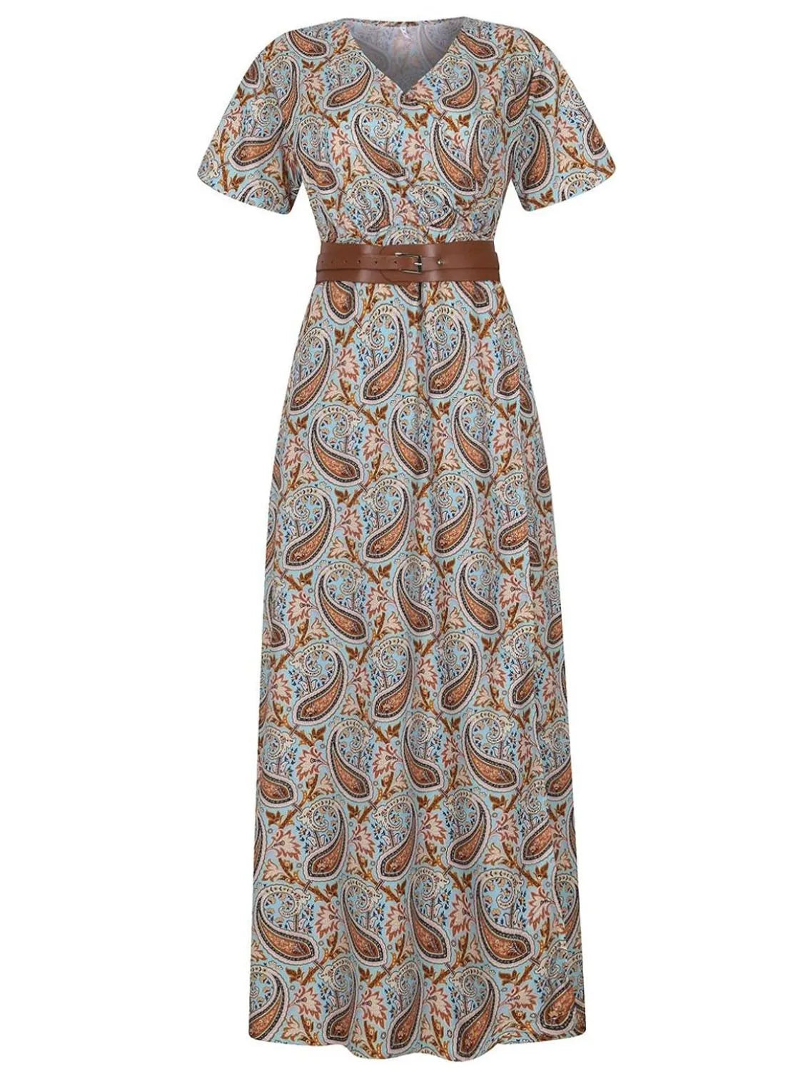 Full Size Printed V-Neck Short Sleeve Maxi Dress Plus Size OutfitFlow