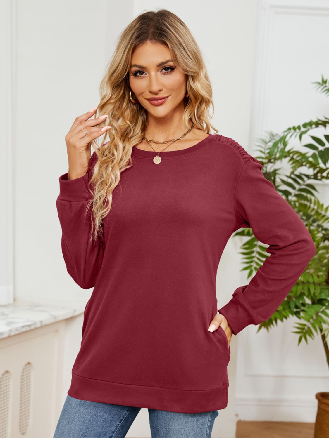 Outfit Flow - Ruched Shoulder Round Neck Long Sleeve Sweatshirt