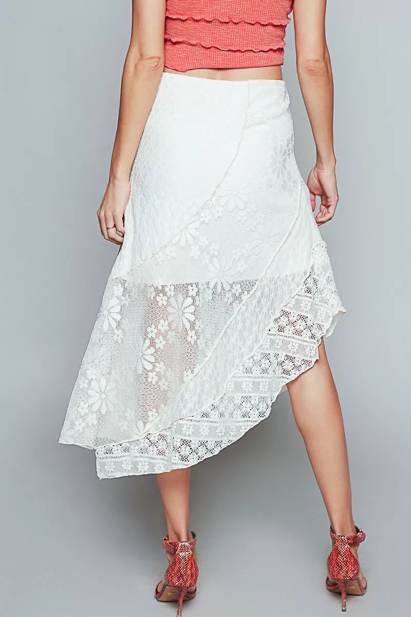 POL Ruffled Floral Lace Skirt with Unbalanced Hem OutfitFlow