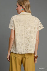 Umgee Patch Lace Short Sleeve Button Down Shirt Trendsi