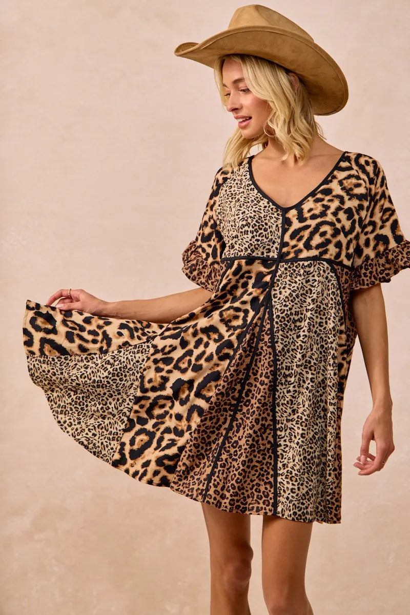 BiBi Leopard Prints Mix and Match Short Sleeves Dress OutfitFlow