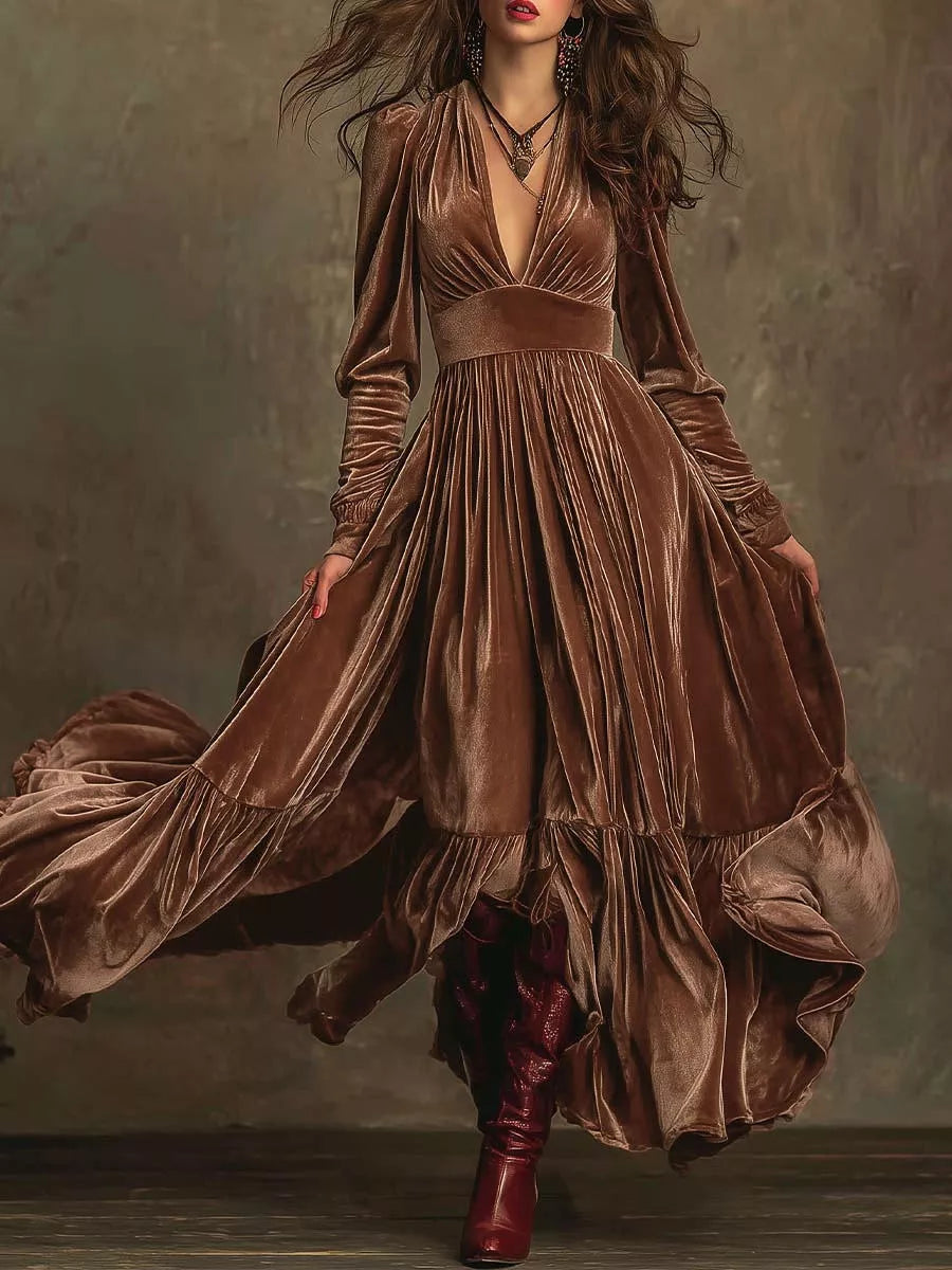 Ruffled Hem Long Sleeve Dress Dark Brown OutfitFlow