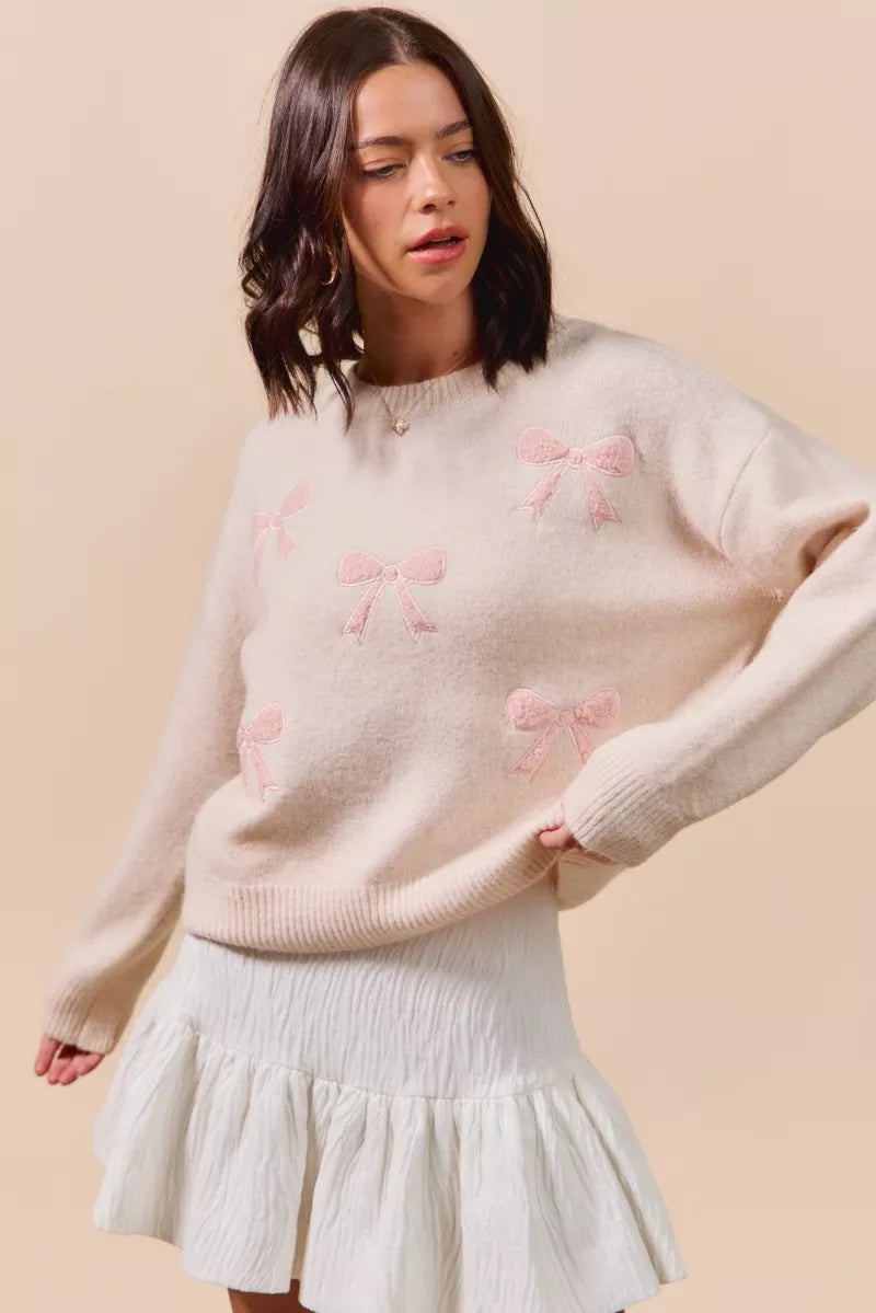SO ME Embroidered Ribbon Round Neck Sweater OutfitFlow