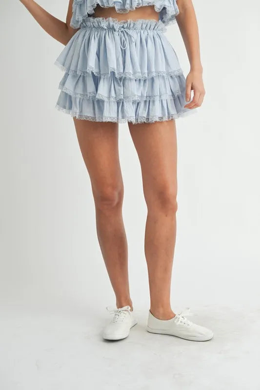 MABLE Ruffle Layered Crop Top and Mini Skirt Set OutfitFlow