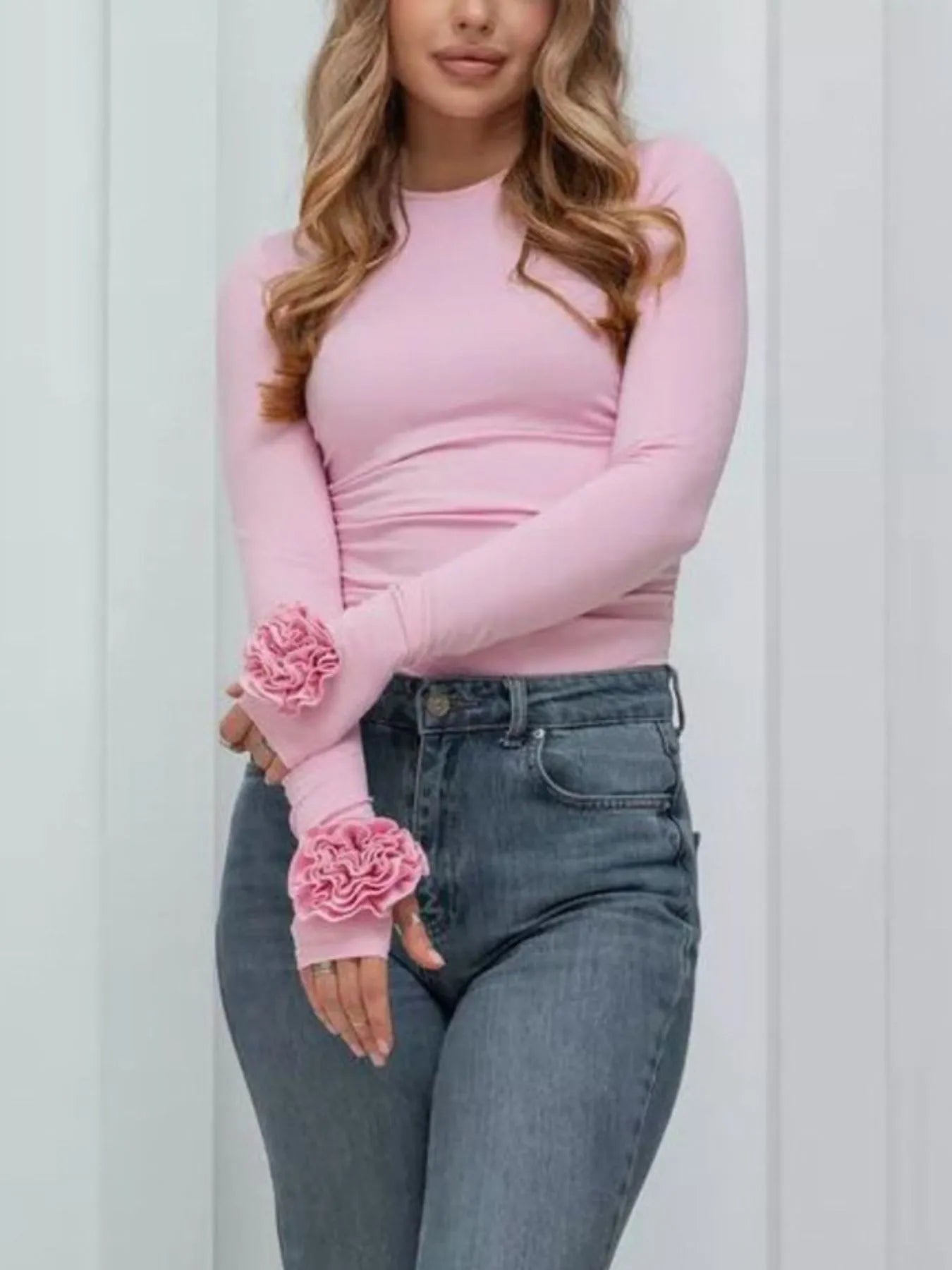 Flower Round Neck Long Sleeve T-Shirt OutfitFlow