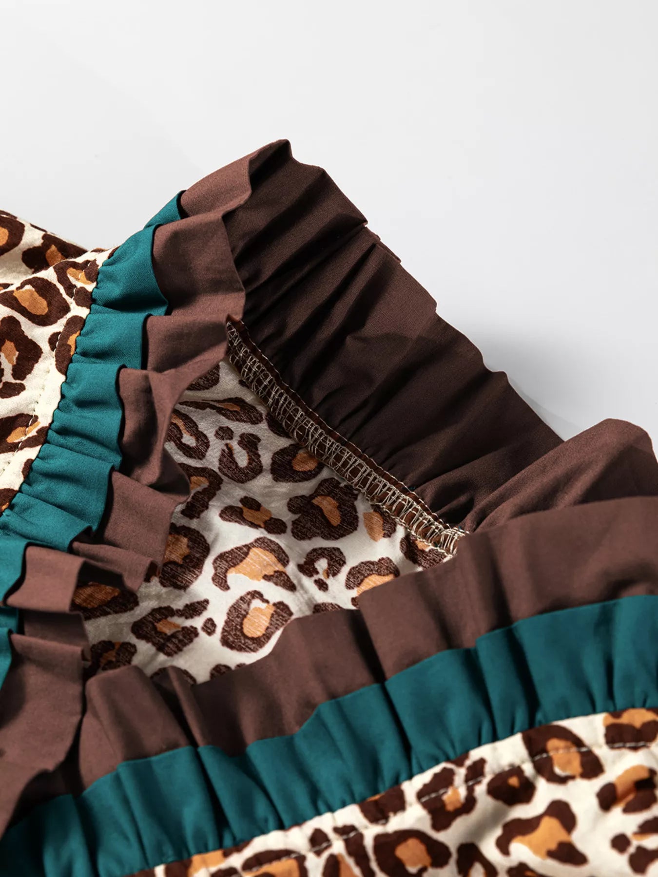 Leopard Print Contrast Frilled Trim Button Down V Neck Shirt OutfitFlow