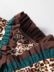 Leopard Print Contrast Frilled Trim Button Down V Neck Shirt OutfitFlow