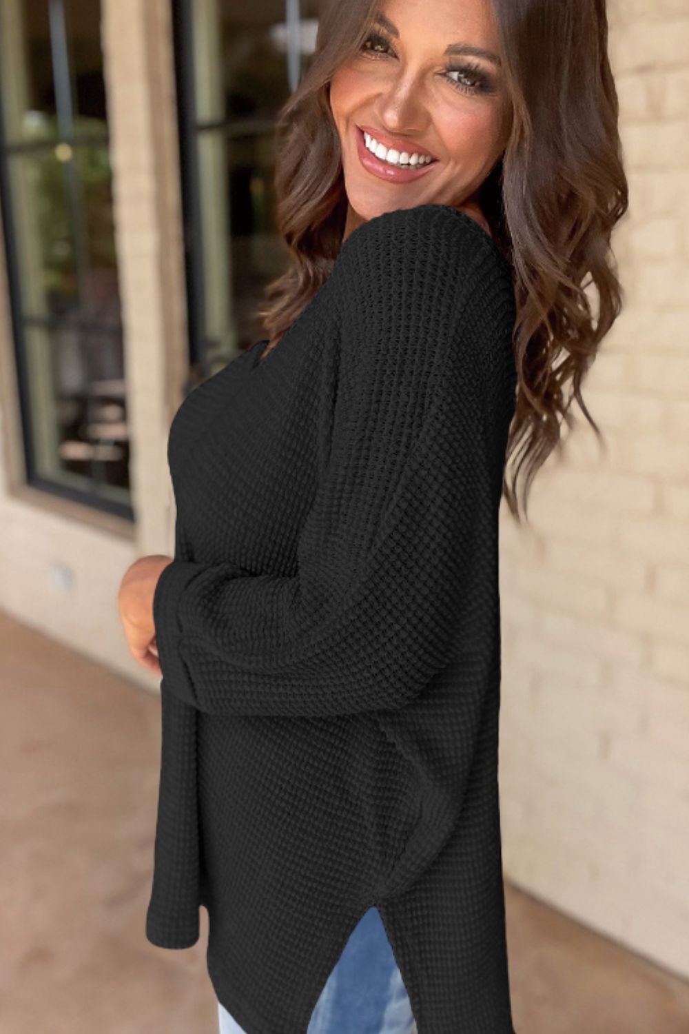 Outfit Flow - Side Slit V-Neck Long Sleeve Top