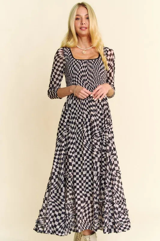 Davi & Dani Printed Checker Mesh Flowy Maxi Dress OutfitFlow