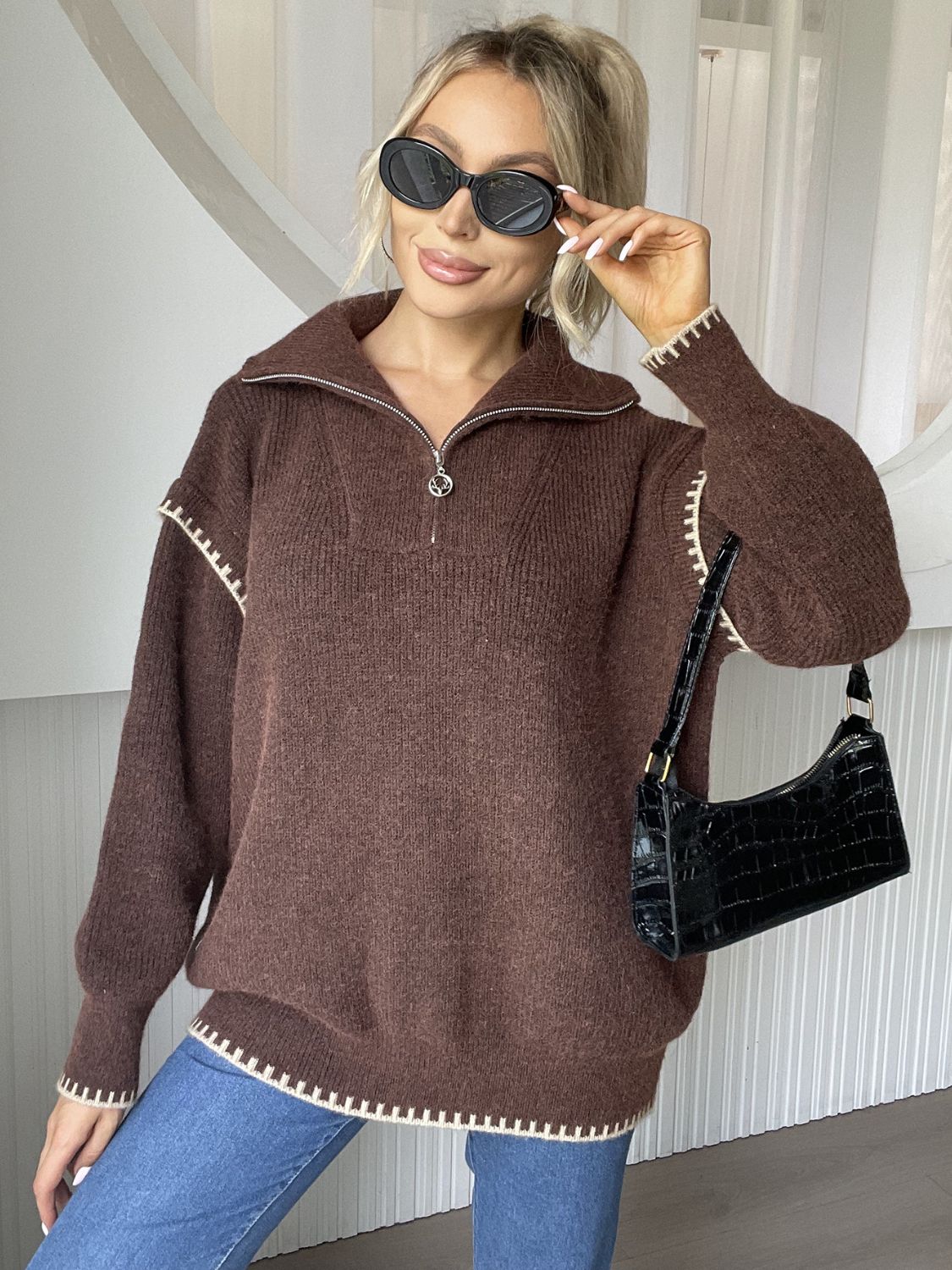 Outfit Flow - Quarter Zip Contrast Dropped Shoulder Sweater