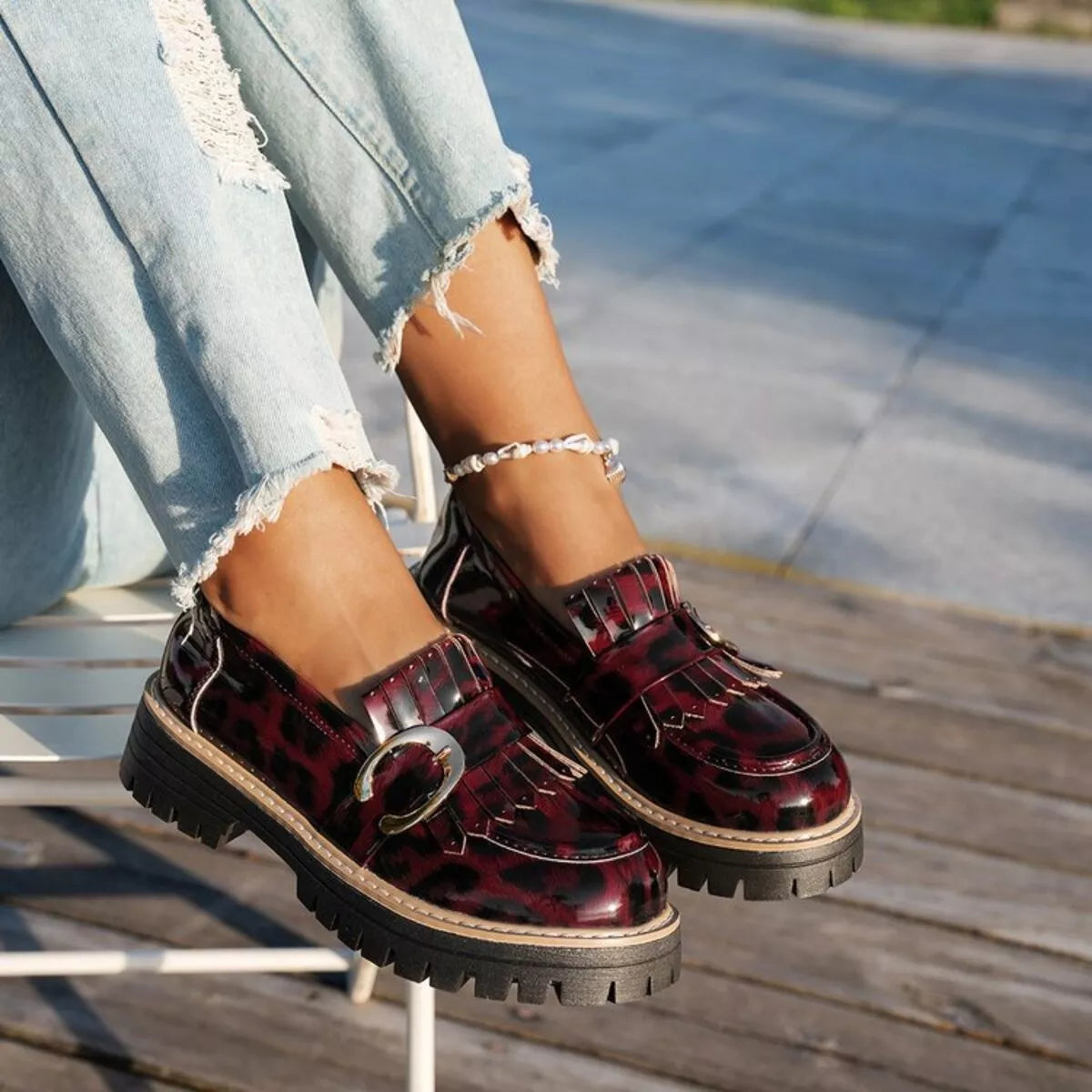 Round Toe Platform Loafers Rust Trendsi