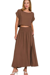 Zenana Heavy Woven Span Crop Tee & Skirt Set OutfitFlow