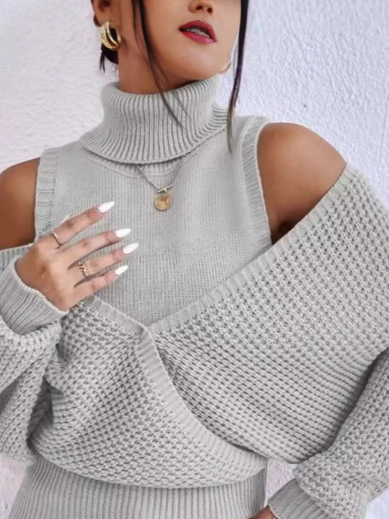 Waffle Knit Cold Shoulder Turtleneck Sweater OutfitFlow