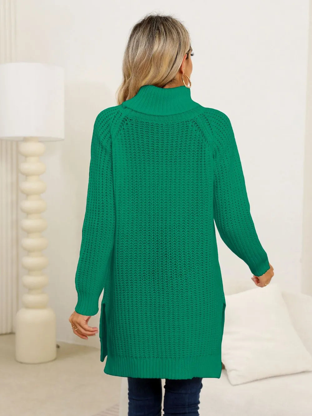 Slit Turtleneck Long Sleeve Sweater OutfitFlow
