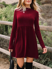 Frilled Neck Ribbed Knit Patchwork Long Sleeve Mini Dress Burgundy OutfitFlow