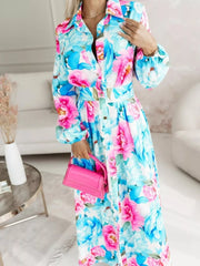 Printed Button Front Maxi Shirt Dress Blue OutfitFlow