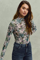 SO ME Floral Print Mesh Knit Long Sleeves Top OutfitFlow