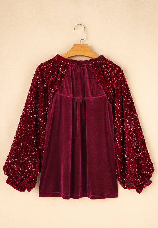 Outfit Flow - Sequin Notched Long Sleeve Blouse