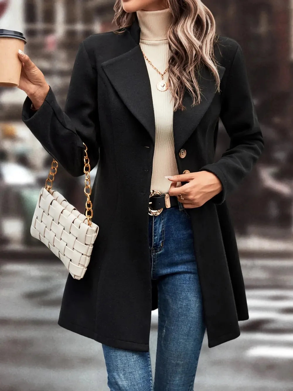Collared Neck Long Sleeve Longline Coat Black Trendsi