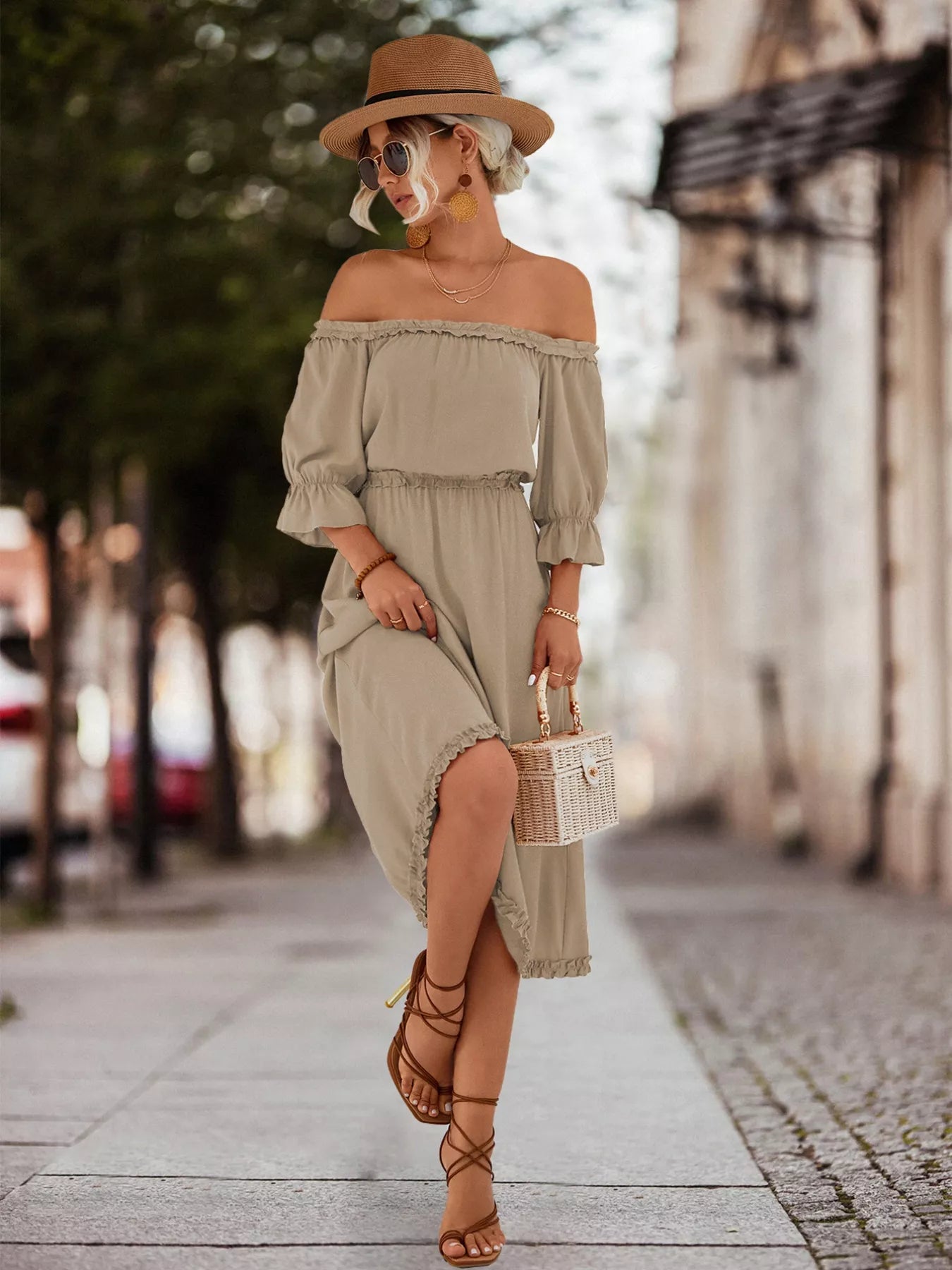 Off-Shoulder Flounce Sleeve Midi Dress OutfitFlow