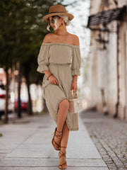 Off-Shoulder Flounce Sleeve Midi Dress OutfitFlow